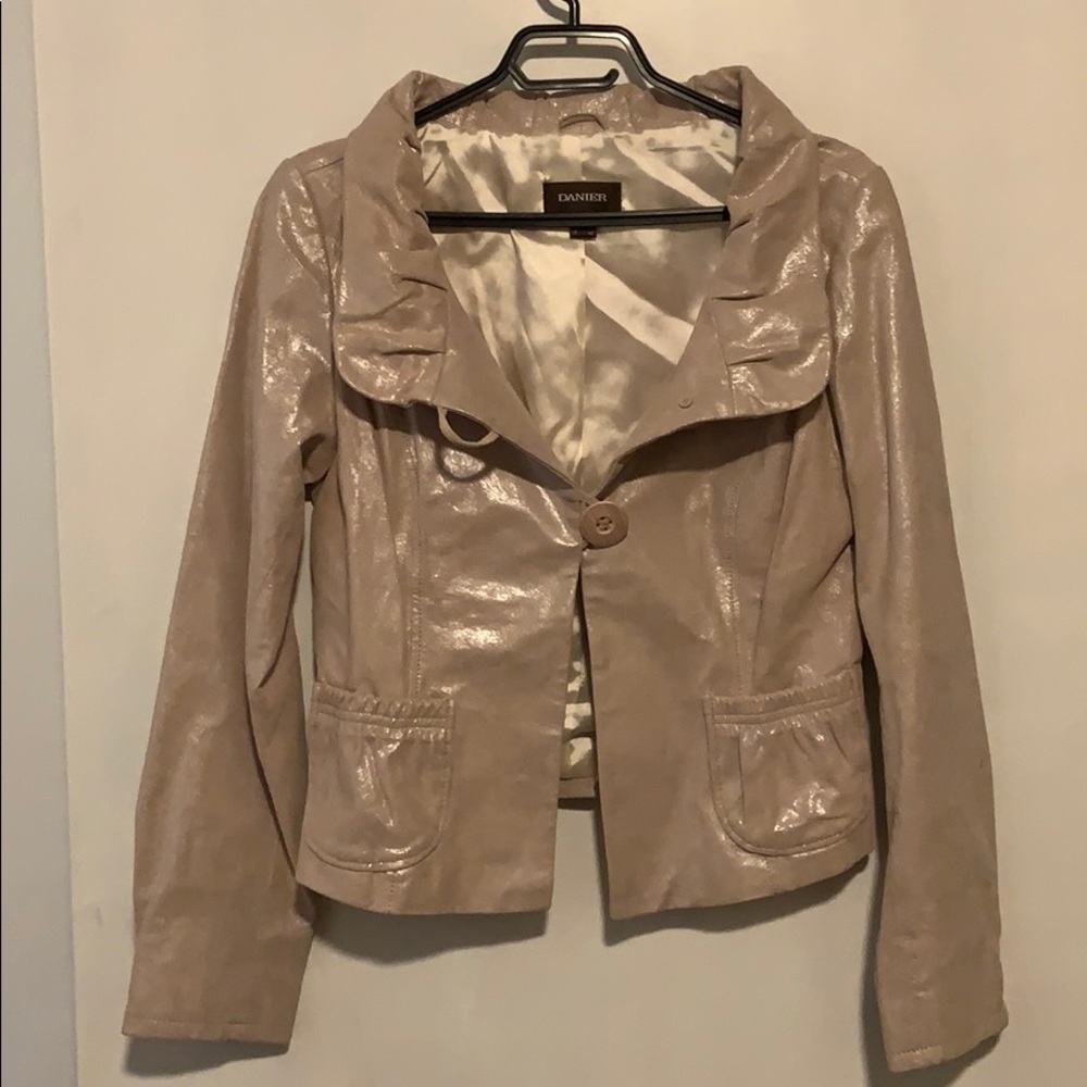 Danier pink shimmer leather jacket w/ruffle collar